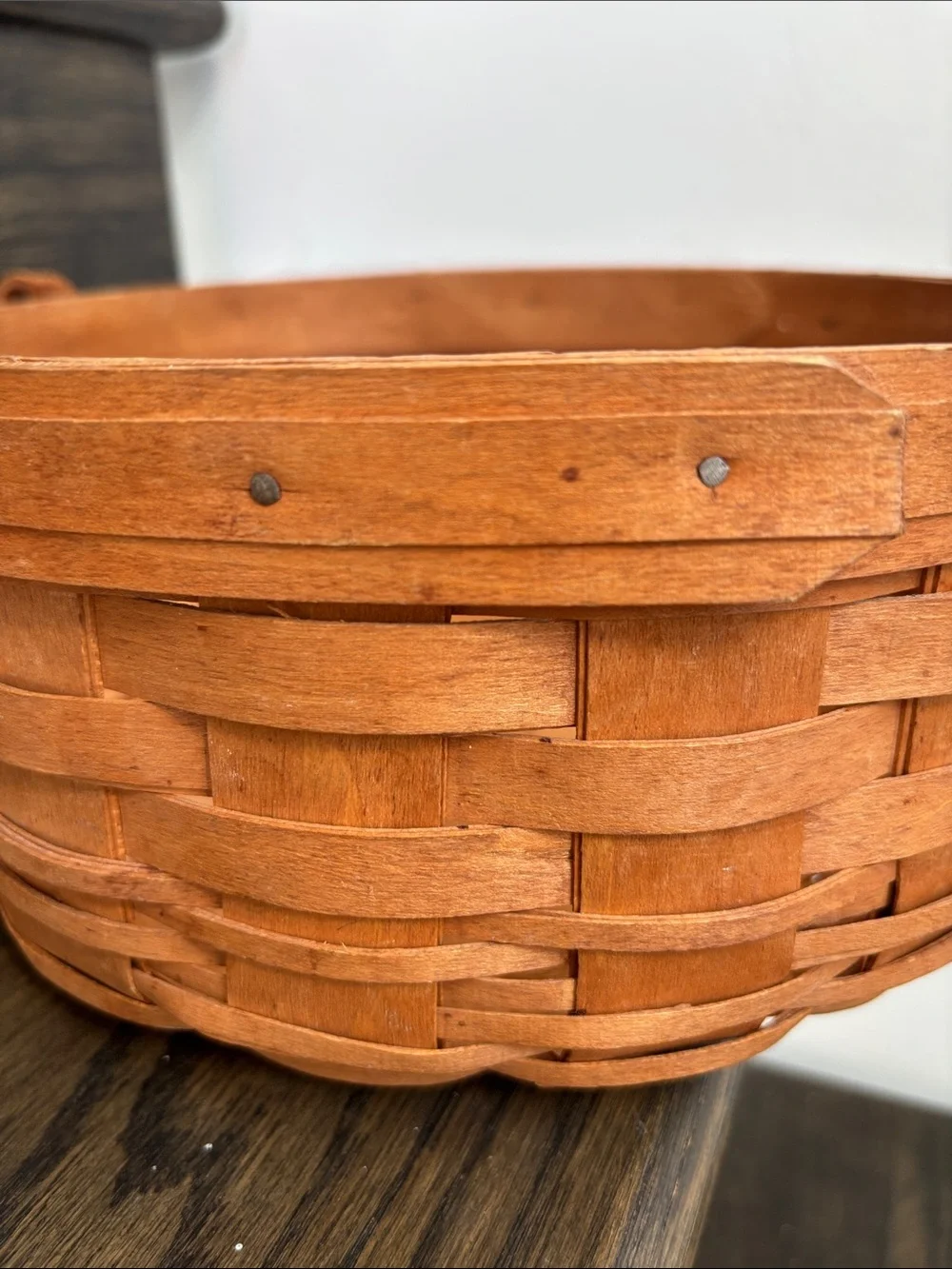 Vintage Longaberger basket, round, leather handles, 1991, 9.5” diameter